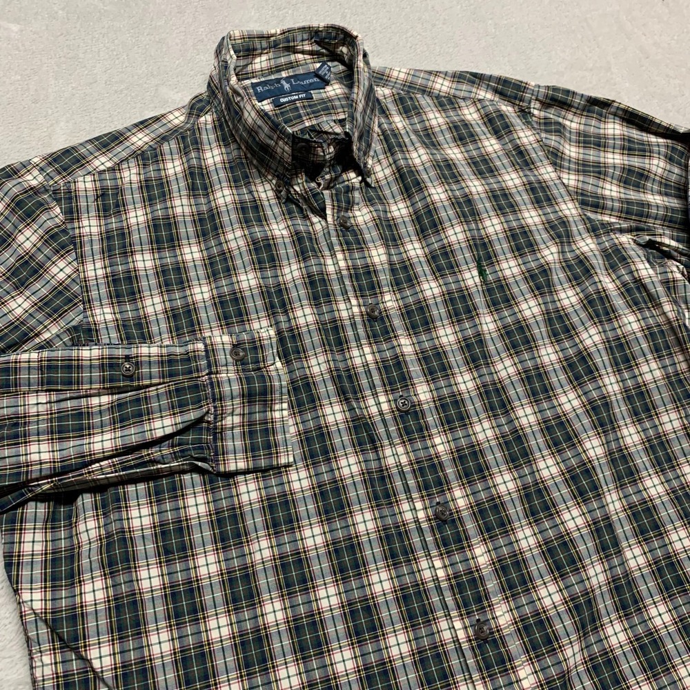 Ralph Lauren Custom Fit Tartan Plaid Button Down Shirt Mens XL Long Sleeve Green